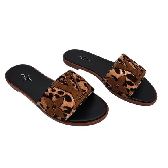 Louis Vuitton Shoes - Louis Vuitton Lock It Flat Slide Sandal Mule Brown Black Leopard LV Size 36 US 6